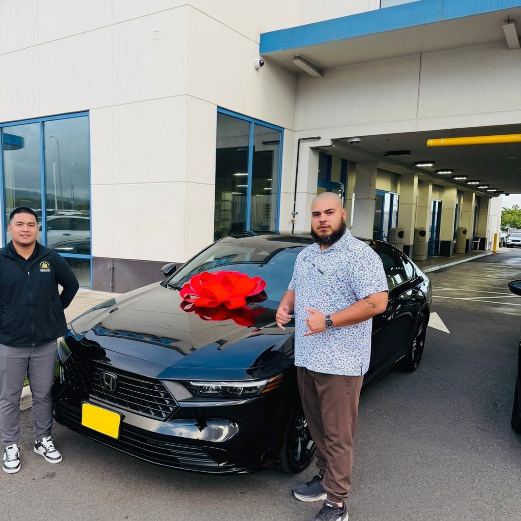 Joey, Honda salesman in Waipahu Oahu, standing next to a new Honda