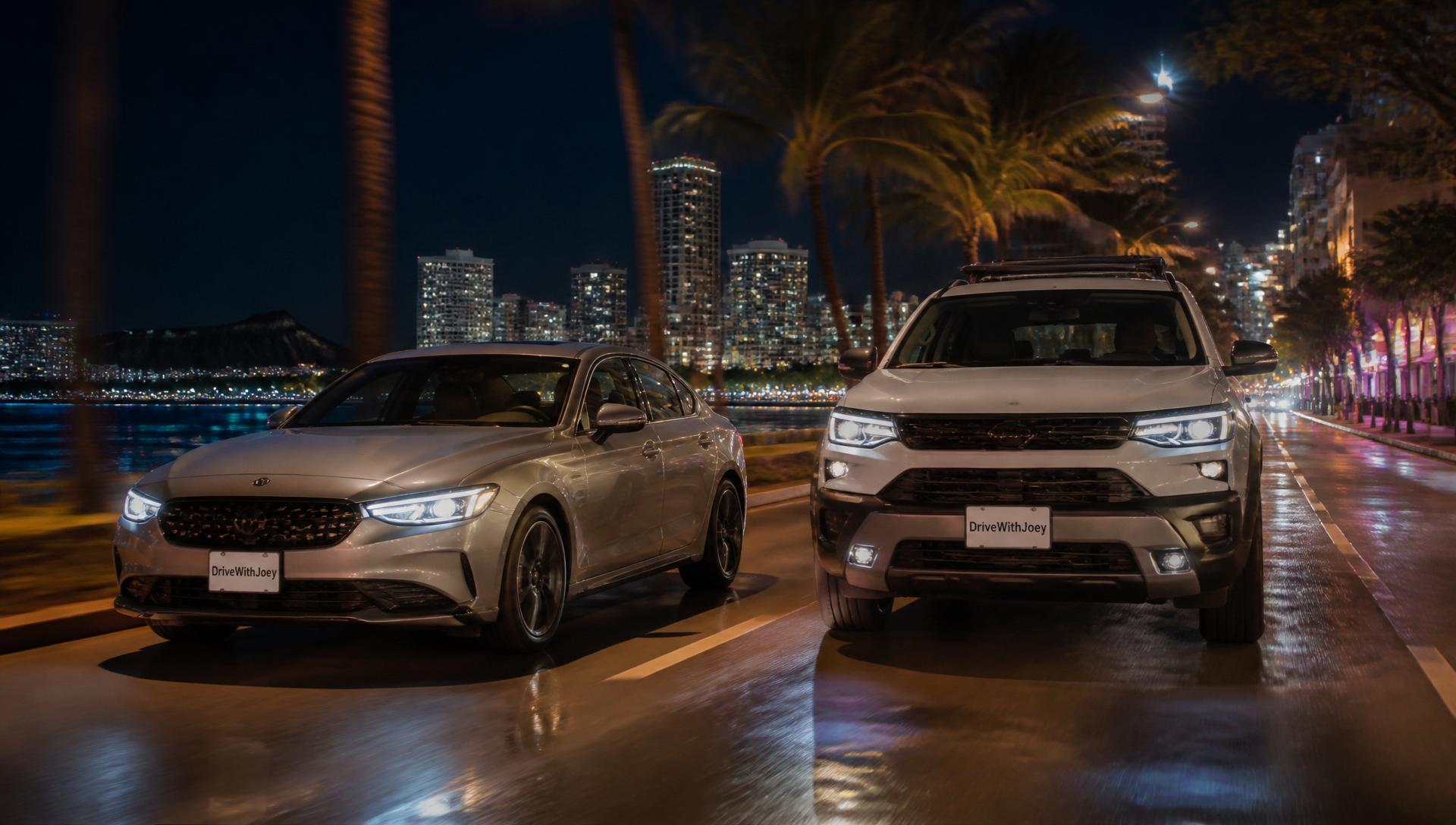 2026 Honda Accord and Honda Passport Trailsport driving through downtown Honolulu, Oahu at night